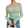 thumbnail image 3 of Women Crop Long Sleeve Tops Drawstring Basic Off-Shoulder Shirt Casual Pullovers for Club Streetwear Aesthetic Clothes, 3 of 10