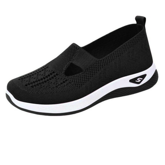 Xfvqtps Womens Sneakers Large Size Slip on Knit Hollow out Soft Sole Non Slip Comfortable Breathable Mesh Casual Shoes New Fashion Mother Shoes Black