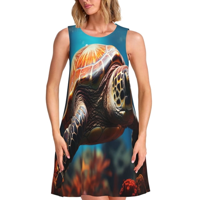 Balery Realistic Turtle Vestidos de verano para mujer con estampado: vestido holgado sin mangas, vestido playero informal y cómodo para días calurosos.