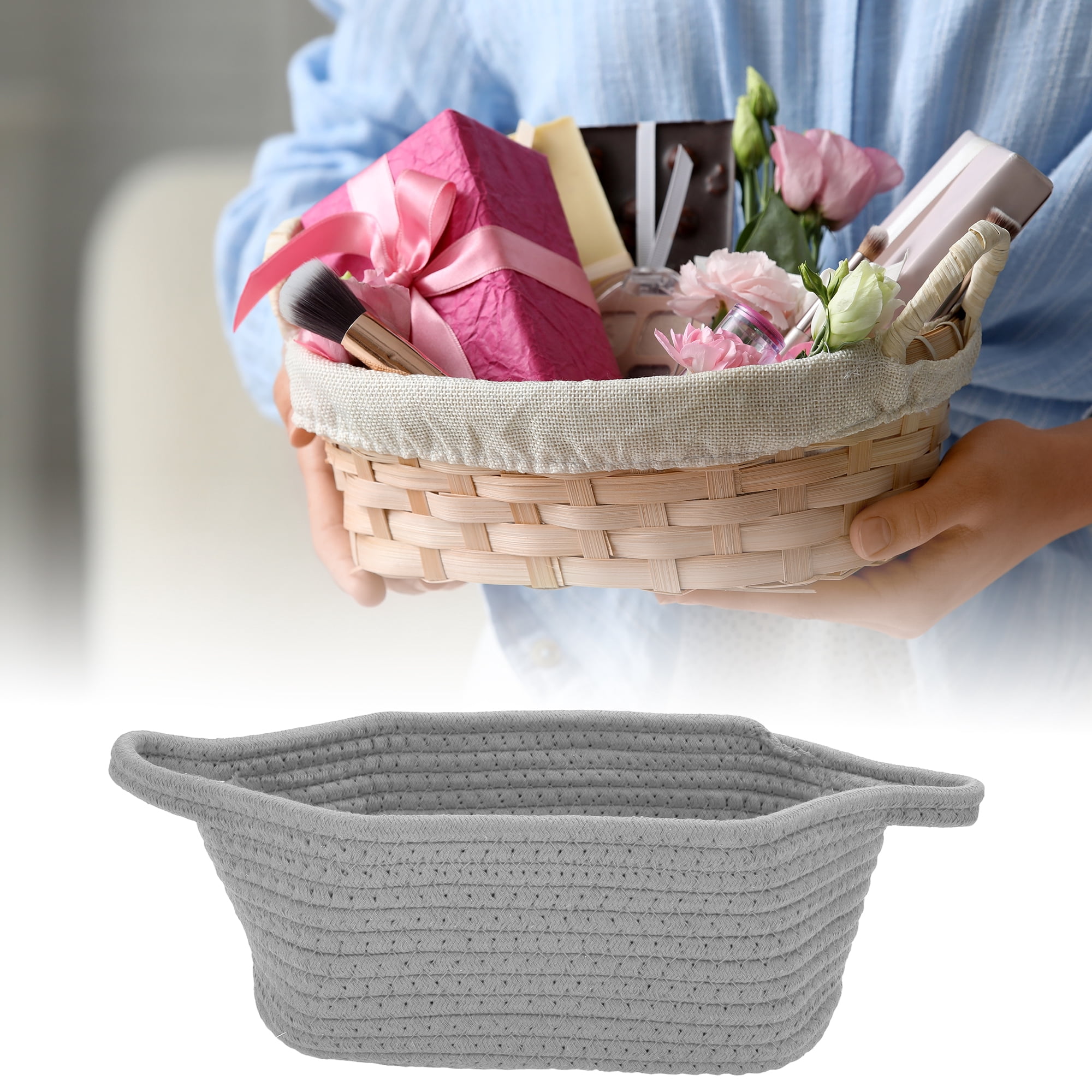 Unique Bargains Woven Empty Gift Decorative Basket with Gift Bag and Ribbon Gray