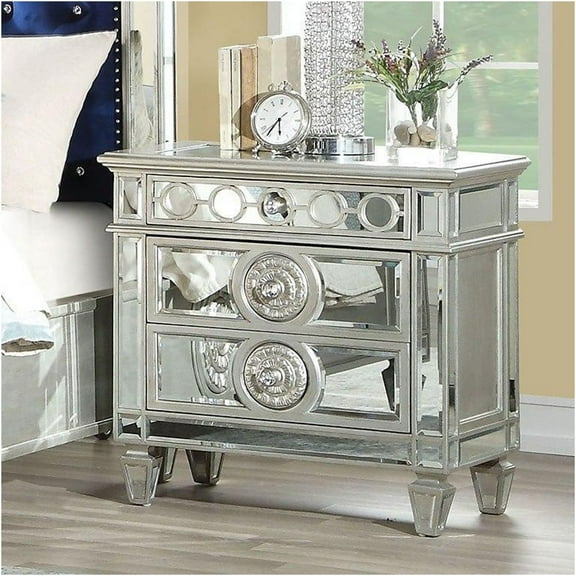 JERFIT Glam Mirrored Nightstand with 2 Drawers, Clear Glass Top and Wood Frame, Modern Bedroom Furniture