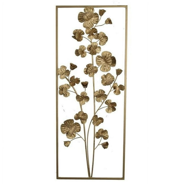 Benjara BM206724 Contemporary Rectangular Metal Wall Art with Floral Plant Design - Gold