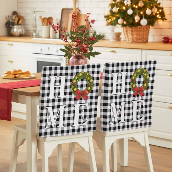 HOME Christmas Wreath Chair Covers Set of 8 Bow Retro Black And White Check Chair Back Covers Stretch Removable Washable Slipcovers Protector for Dining Room Kitchen Party Decor