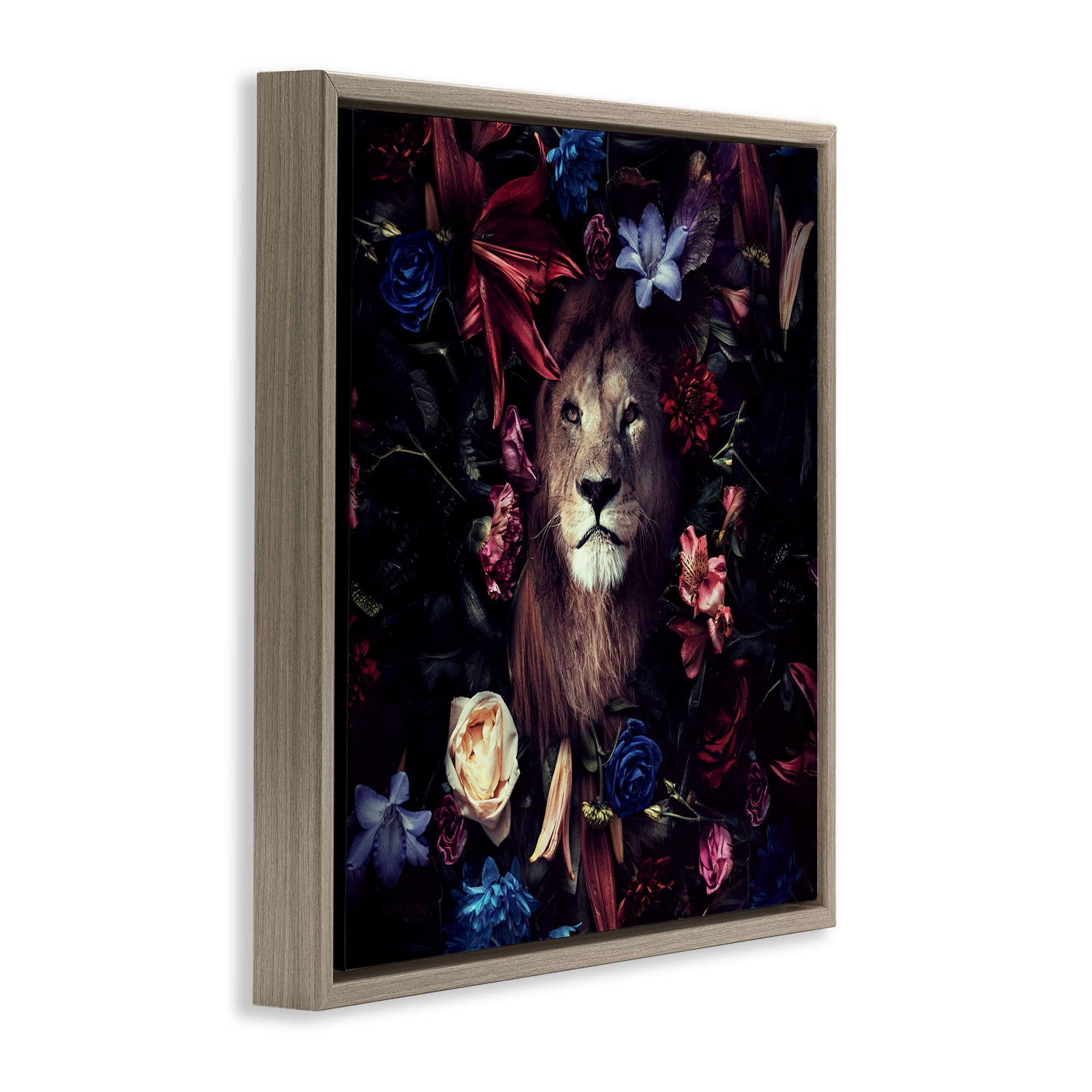 Stupell Industries Lion & Dark Blooms Animals Painting Brown Floater Framed Canvas Art Print Wall Art, 25 x 25