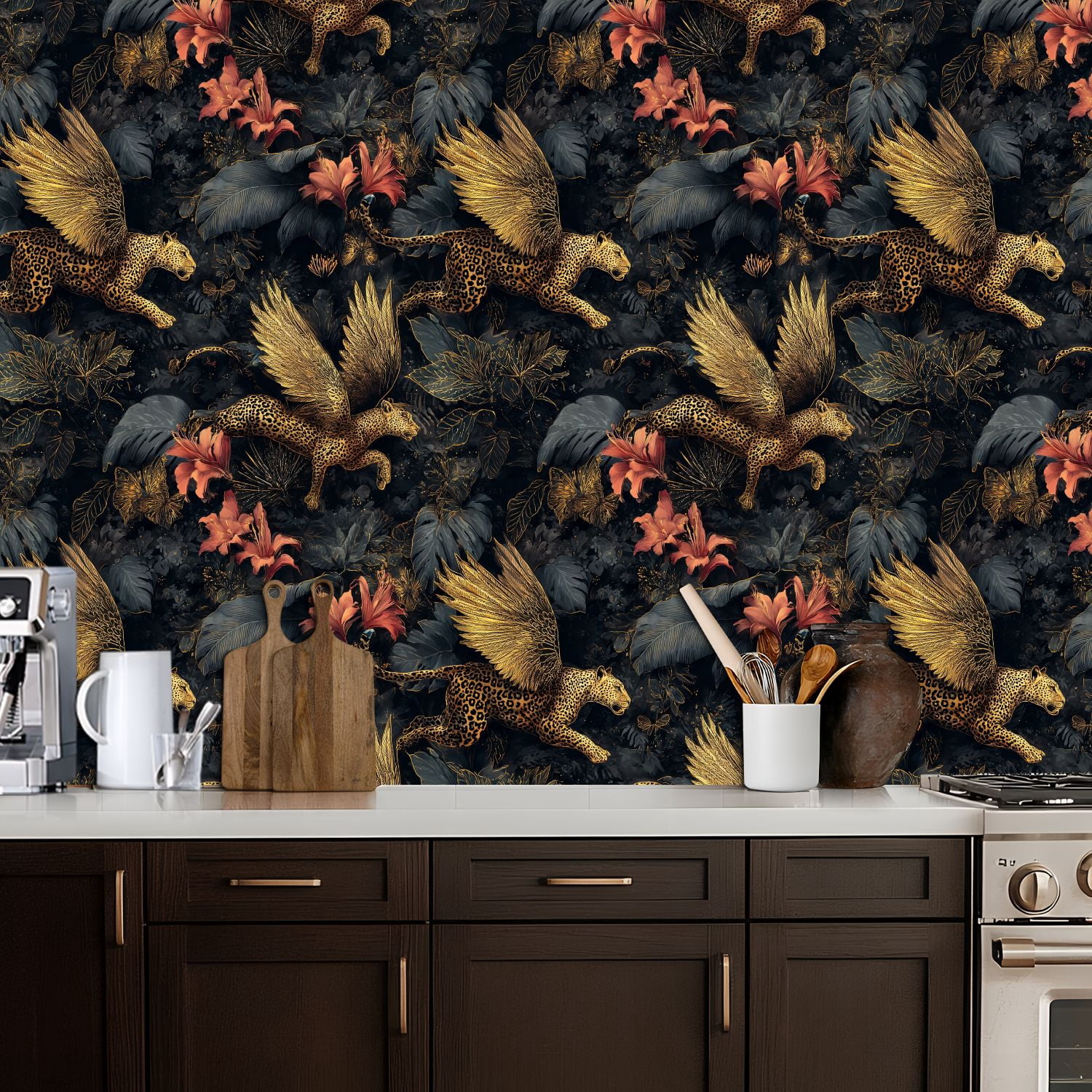Peel and Stick Wallpaper Golden Winged Leopards Jungle Floral Tropical Leaves Wall Mural 17.7in x 9.8ft Self Adhesive Removable Wall Paper Renter Friendly Wallpaper for Nursery Bedroom Cabinets