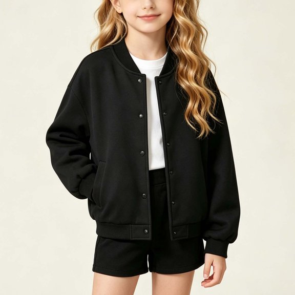 WAVSUF Girls Bomber Jacket, with Pockets Windproof Long Sleeve Fall Casual Baseball Jackets Black 7-8