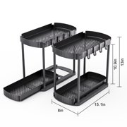 2-Tier Pull-Out Organizer, Multi-Purpose Kitchen Spice Rack & Bathroom Countertop Storage Shelf with Hooks, Space-Saving Under Sink Organizer for Toiletries, Cleaning Supplies, Black