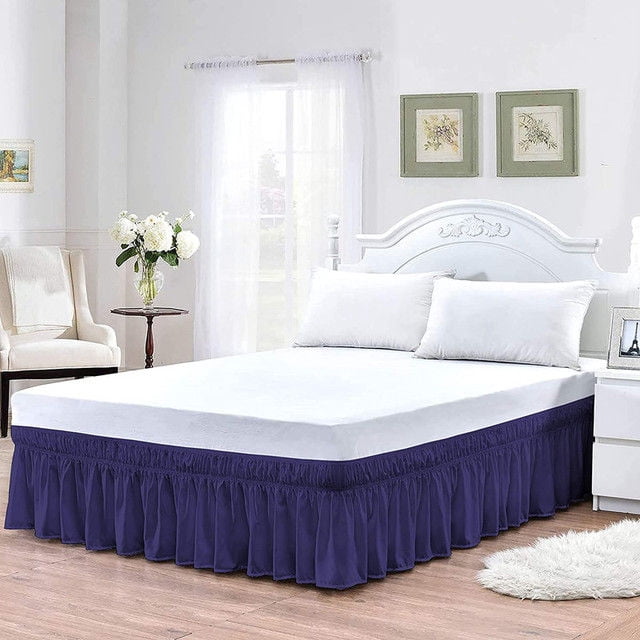 Easy Bedding Elastic Wrap Around Bed Skirt Dust Ruffle, 22-inch Drop, Smooth Soft Bed Frame Cover- Navy Blue King