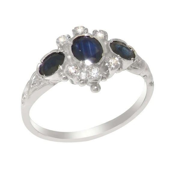 LBG English Made 925 Sterling Silver Natural Sapphire & Diamond Womens Anniversary Ring - Size 10