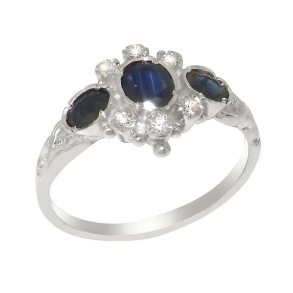 LBG British Made 9k White Gold Natural Sapphire & Diamond Womens Promise Ring - 33 size options - Size 9.5
