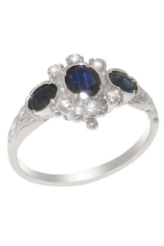 LBG English Made 9k White Gold Natural Sapphire & Cubic Zirconia Womens Anniversary Ring - Size 9