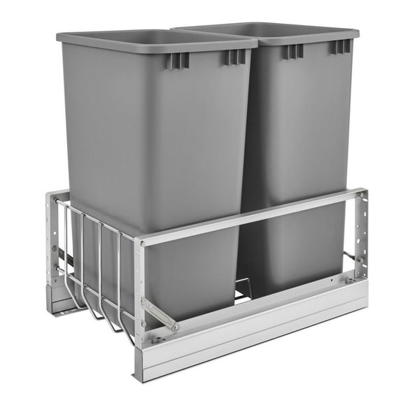 Rev-A-Shelf Double 50 Quart Pullout Cabinet Waste Container Trash Can, Gray