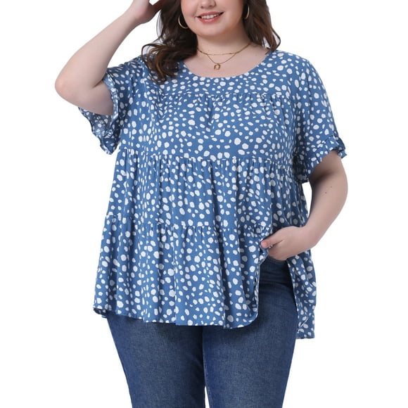 Blusa de peplum con volantes en las mangas y cuello redondo para mujer de tallas grandes Agnes Orinda 2X azul