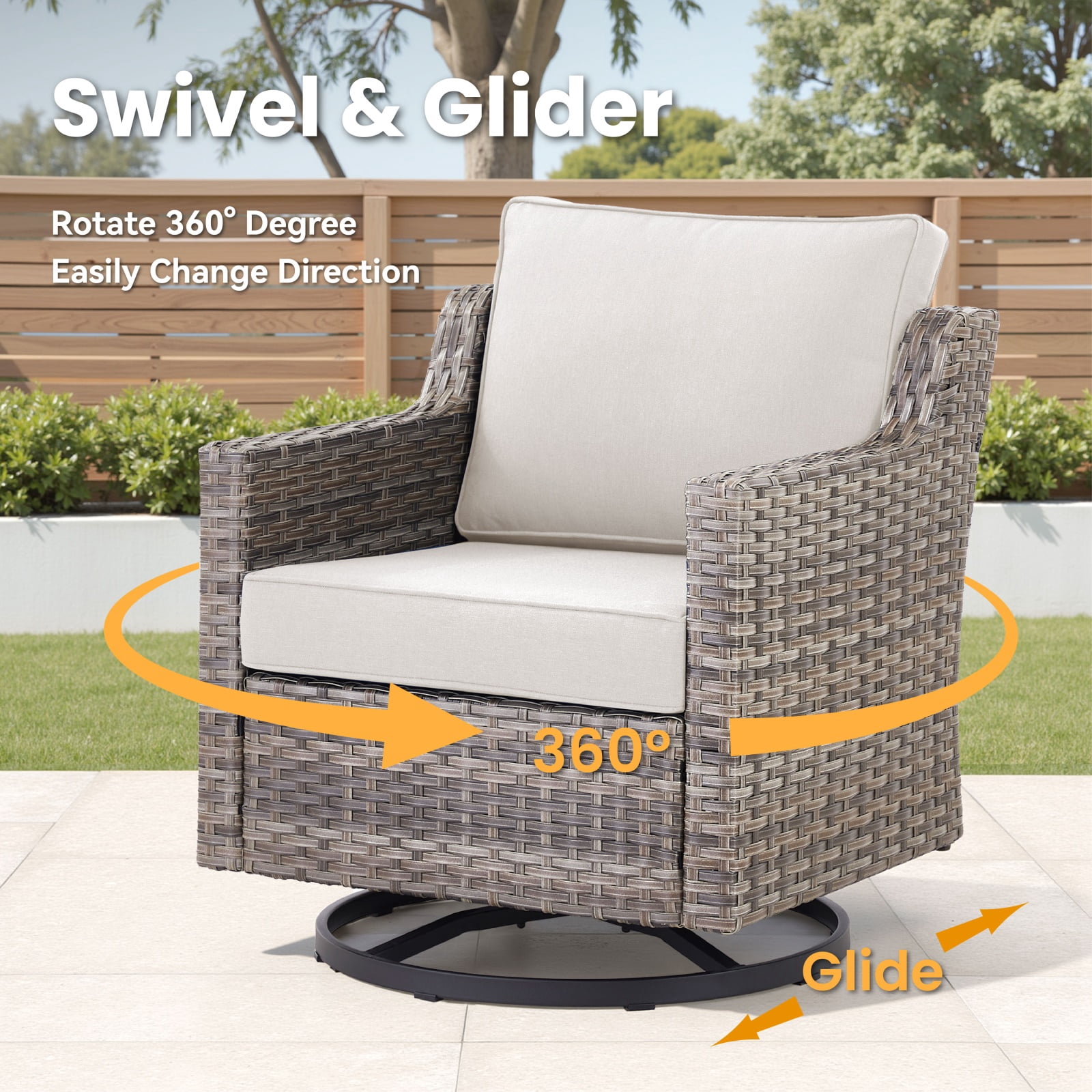 Hommoo 2-Piece Outdoor Patio Swivel Rocker Chairs, Patio Gray Wicker Furniture Swivel Chairs Set with Cushion, for Porch, Poolside, Deck, and Yard, Beige