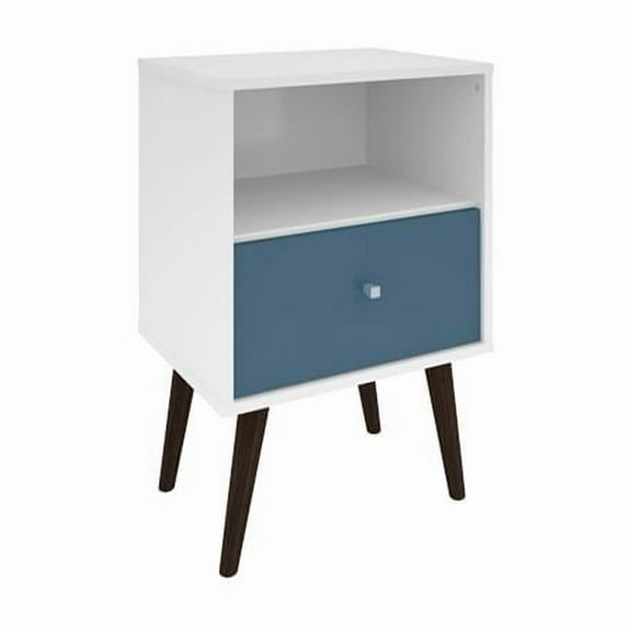 Liberty Mid Century - Modern Nightstand 1 with Solid Wood Leg 1 Cubby Space & 1 Drawer in White & Aqua Blue