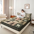 thumbnail image 4 of Feelyou Rustic Farmhouse Bear Queen Sheet Sets, Reindeer Moose Wildlife Flat Sheet, Olive Drab Square Plaid Queen Fitted Sheet, Breathable Home Decor, 4-Piece, 4 of 7