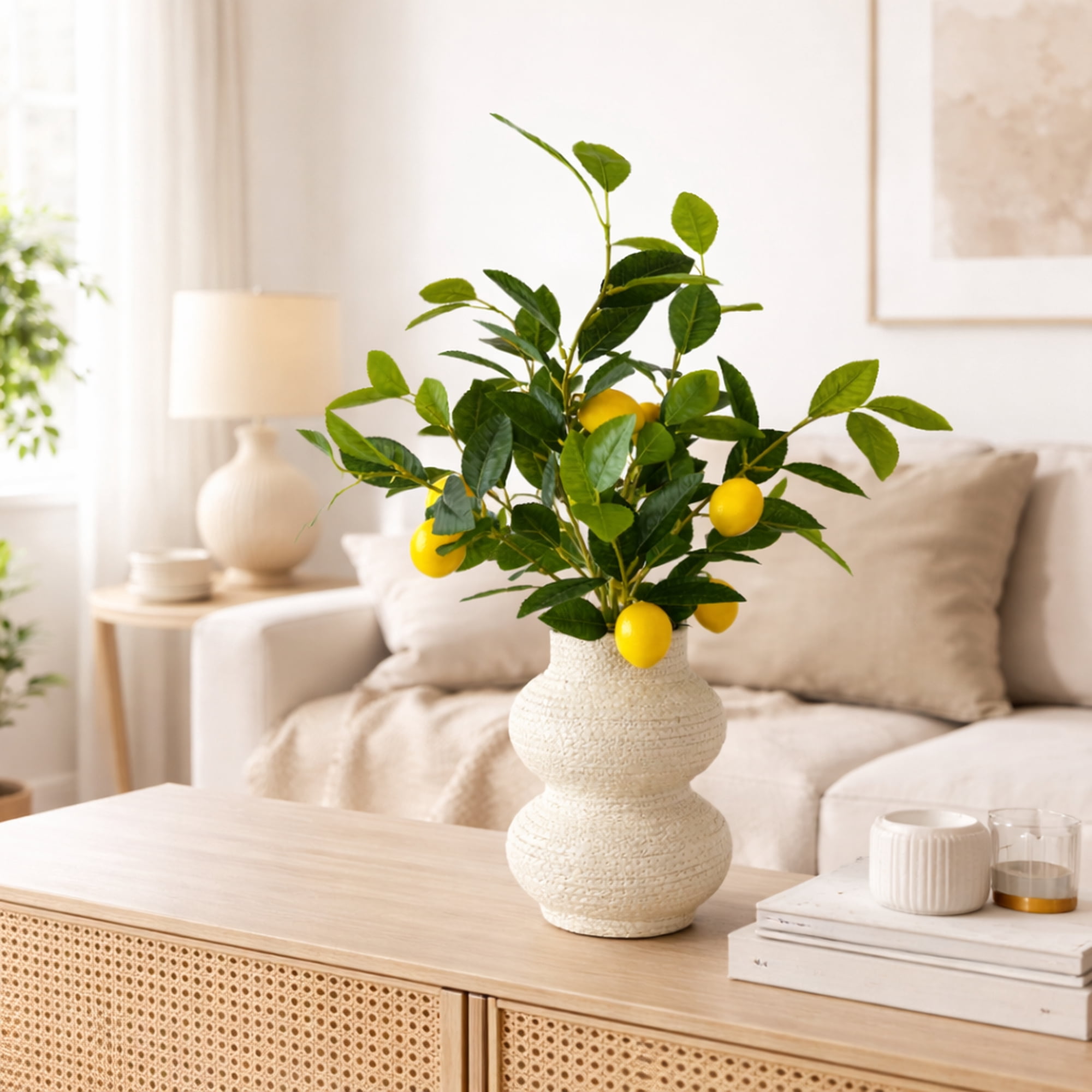 Artificial Plant, 24in Artificial Lemon Plant with Realistic Lemons in a Woven Tiered Basket by LCG Florals, Fake Indoor Faux Plant for Living Room, Kitchen, and Home Decor