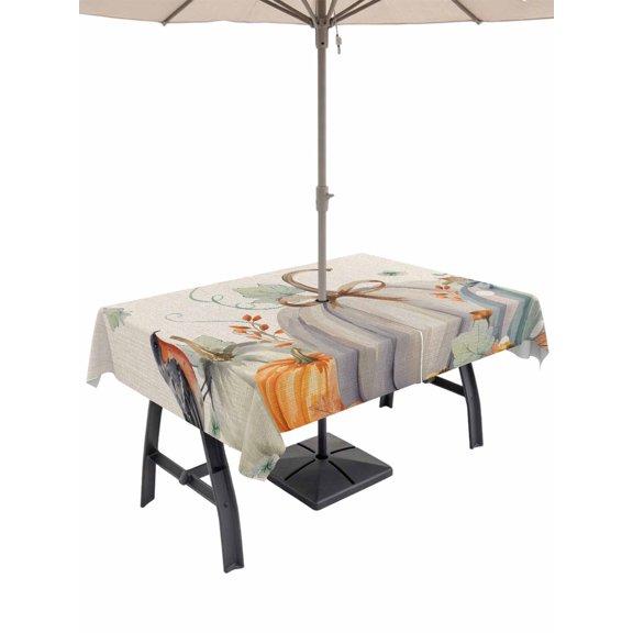 Outdoor Tablecloth with Umbrella Hole and Zipper, Fall Rectangle Table Cloth 60x84 Inch Waterproof Tablecloth, Orange Green Pumpkins Thanksgiving Bird Leaf Picnic Table Cover for Patio Camping