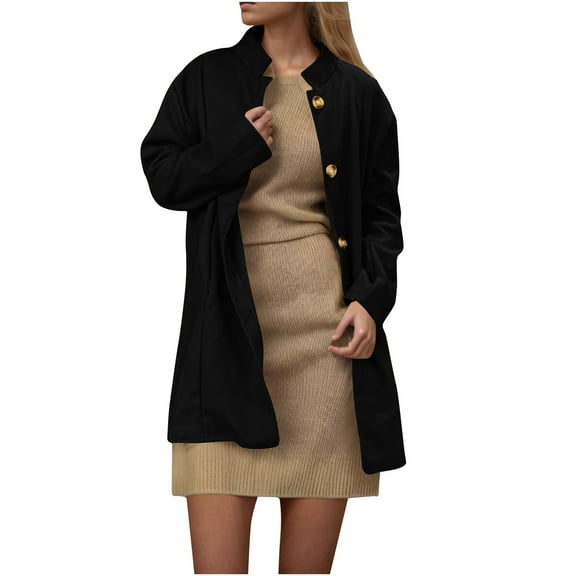 Lovskoo Women's Elegant Stand Collar Button Up Pea Coat Wool Blend Over Coat Solid Color Long Jackets Black