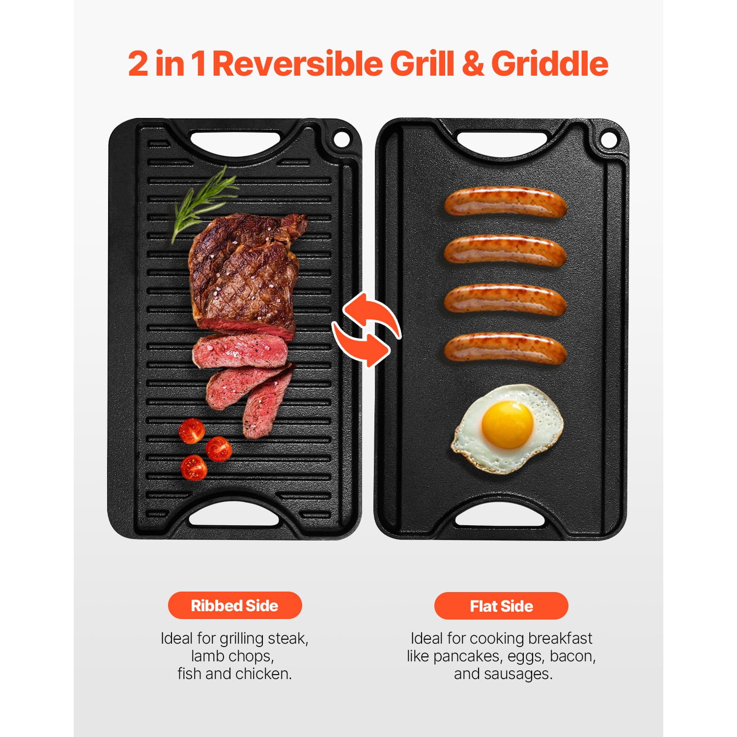 KFFKFF Switchable Grill/Griddle, Cast Iron Pan of 14x8.5 inch, Pre-Treated, Compact Square Pan with Grip, Household Utensils for Indoor/Outdoor Cooktop, Gas, Campfire Barbecue, Color - Black