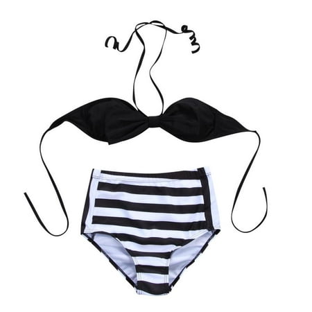 Mother Daughter High Waist Halter Two Piece Bikini Set Stripe Print Swimsuit Family Matching (Best Two Piece Swimsuits For Moms)