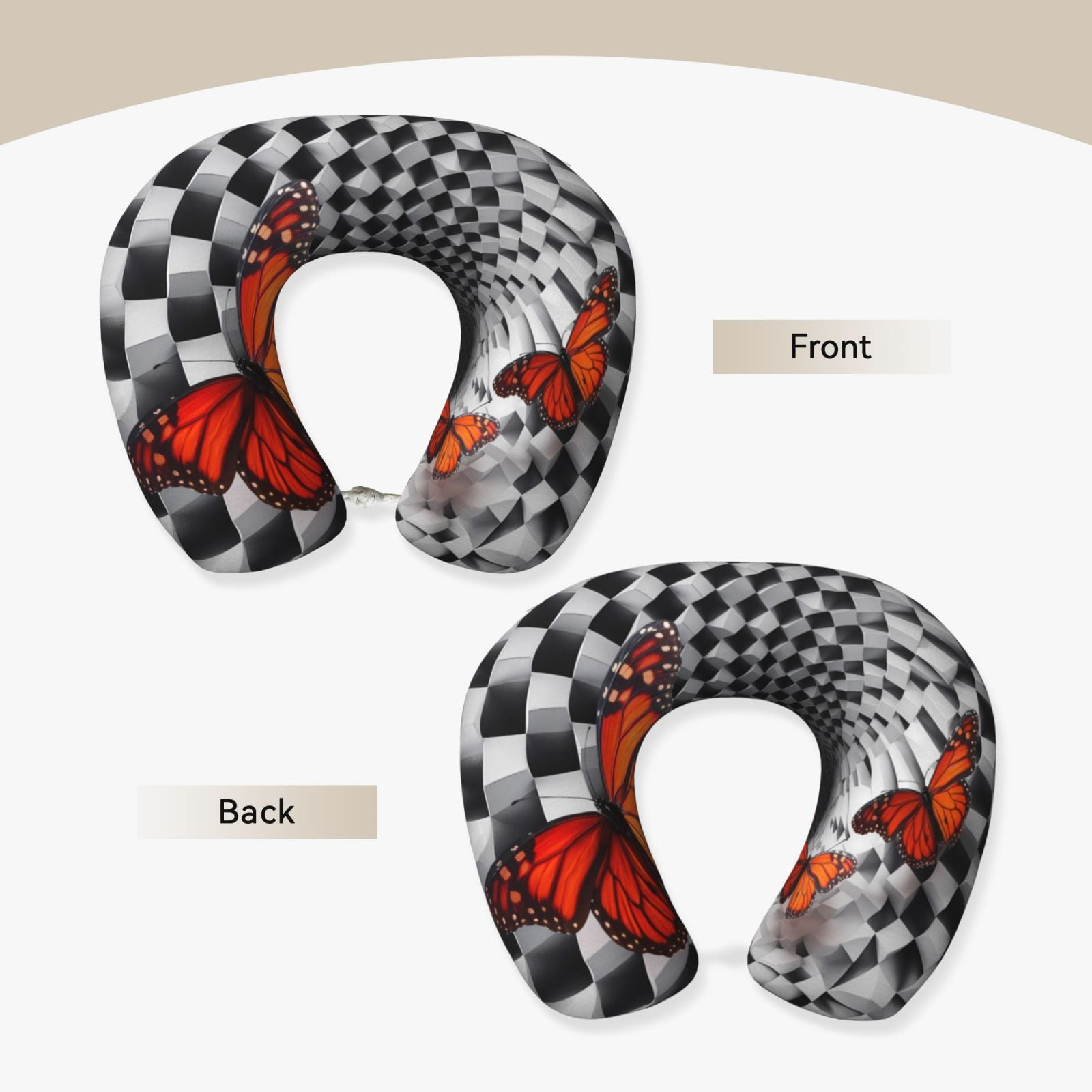 Xecao Butterflies Optical Illusion Print Memory Foam Cervical Neck Pillow Versatile U-Shaped Pillows for Home,Office,Camping,Travelling,Soft Washable Cover