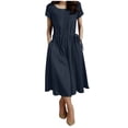 thumbnail image 2 of Ayolanni Short Sleeve Spring Dresses for Women Solid Elastic Waist Crew Neck Midi A-Line Dress Swing Modest Cotton Linen Casual Daily Sundress with Pockets Blue XXXXXL, 2 of 8