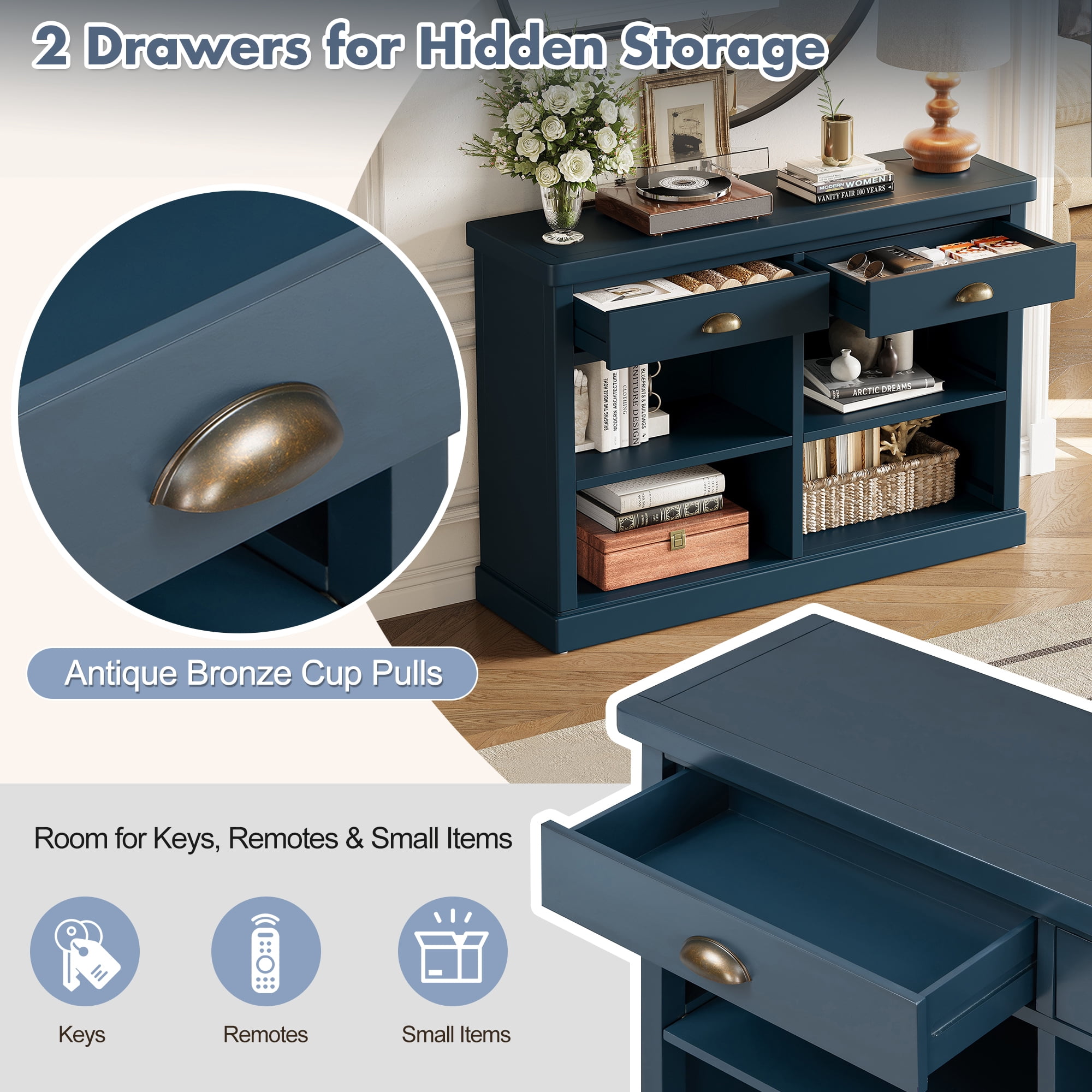 Euroco 47" Long Console Table, Wood Narrow Sofa Table with Open Storage Shelves & 2 Drawers,Entryway Table Accent Table for Living Room, Hallway,Navy