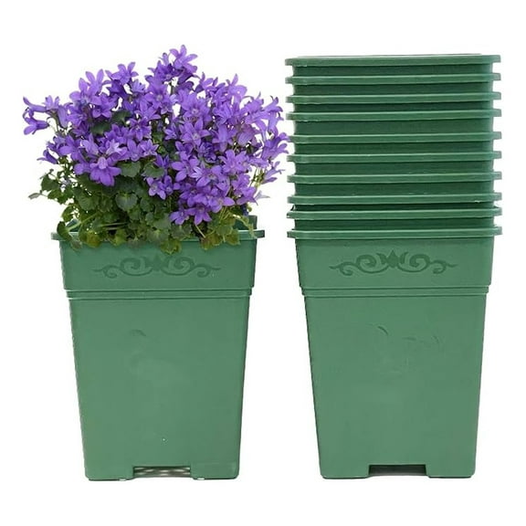 Square Nursery Pot 1.5 Gallon Plastic Planters for Outdoor Indoor Plants 10-Pack with Drainage Holes Green