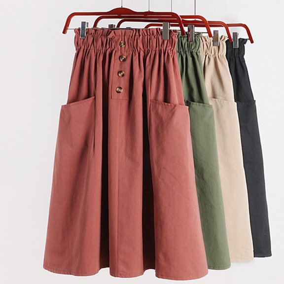 Joernso Women Casual Skirt Elastic High Waist A-Line Skirt with Large Hem Solid Color Buttons Decor Pockets Midi Skirt