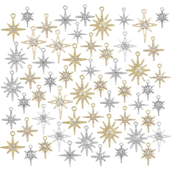 56pcs Star Charms 7 Styles Cubic Zirconia Charms Golden Pave Charms Platinum North Star Pendants Bulk Rhinestone Star Charms Shiny Star Dangle