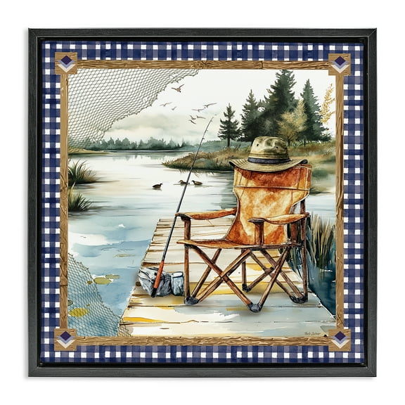 Stupell Industries Fishing Chair on Dock Landscape & Nature Painting Black Floater Framed Canvas Art Print Wall Art, 18 x 18