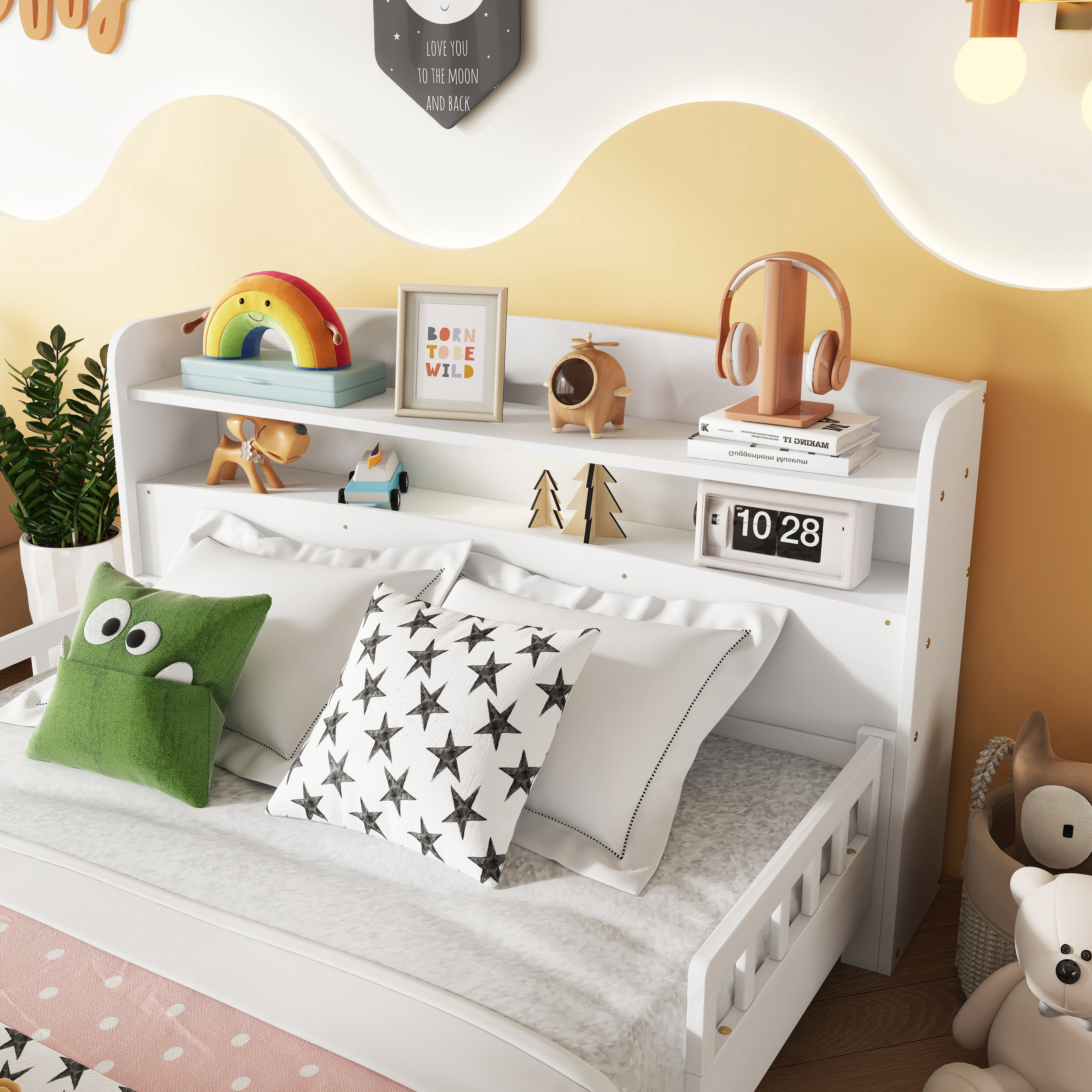 Sailvan Full Pine Wood Bed with Bookcase Headboard, LED Motion Sensor Light & Bed Guardrails