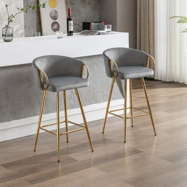 DeeHome 26 Inch Set of 2 Bar Stools,with Chrome Footrest and Base Velvet   Golden Leg Simple Bar Stool,GRAY