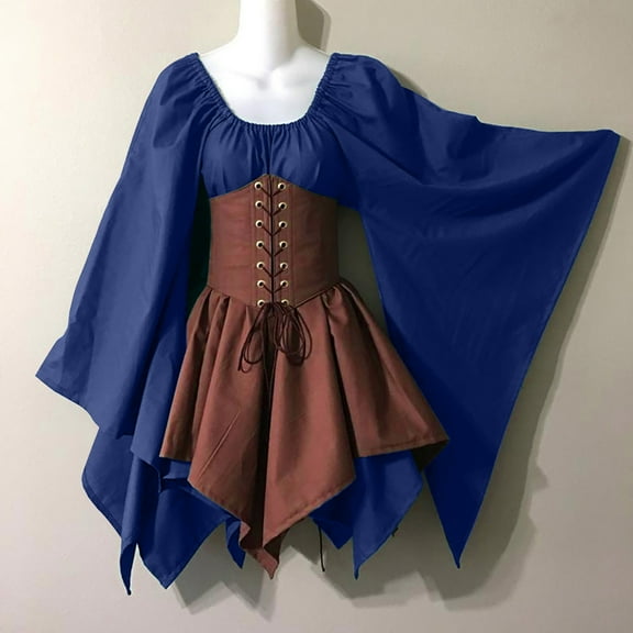 KIHOUT Plus Size Dresses For Women Clearance Women Costumes Gothic Retro Long Sleeve Corset Dresses Long Sleeve Round-Neck Knee-High Dress