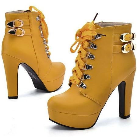 

FZM Women shoes Up Belt Buckle Ankle Heel High Boots Women s Lace Boots Fashion Women s Boots
