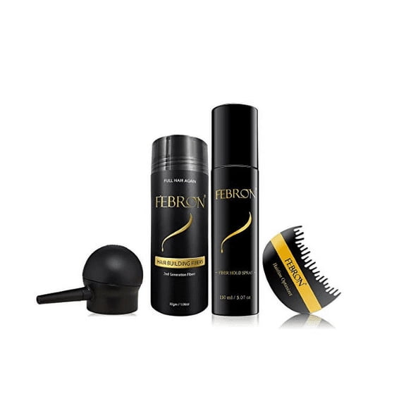 FEBRON Full Tool Kit (4 Items) 30gm Hair Building fibers Bottle, 150ml FiberHold Spray, Pump, Hairline Optimizer (Dark Brown)