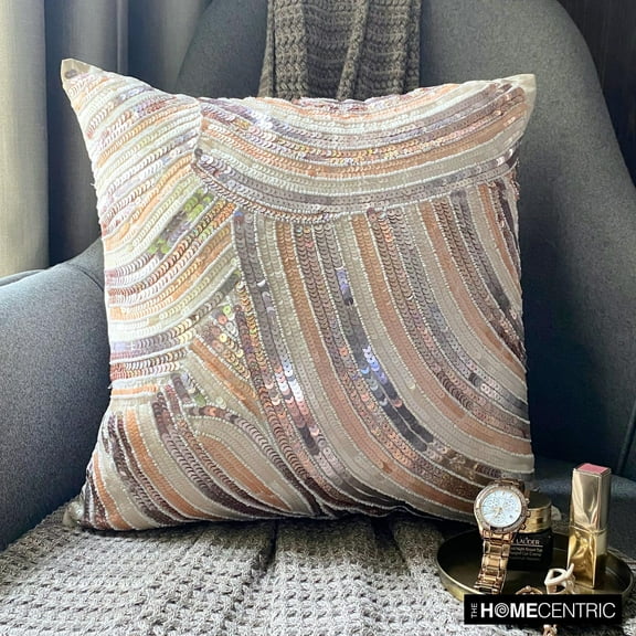 Cushion Covers For Couch, Ivory Zippered Throw Pillow Covers 16x16 inch (40x40 cm), Silk Throw Pillows For Couch, Abstract, Sequin Embellished, Modern Decorative Accent - Glamorous