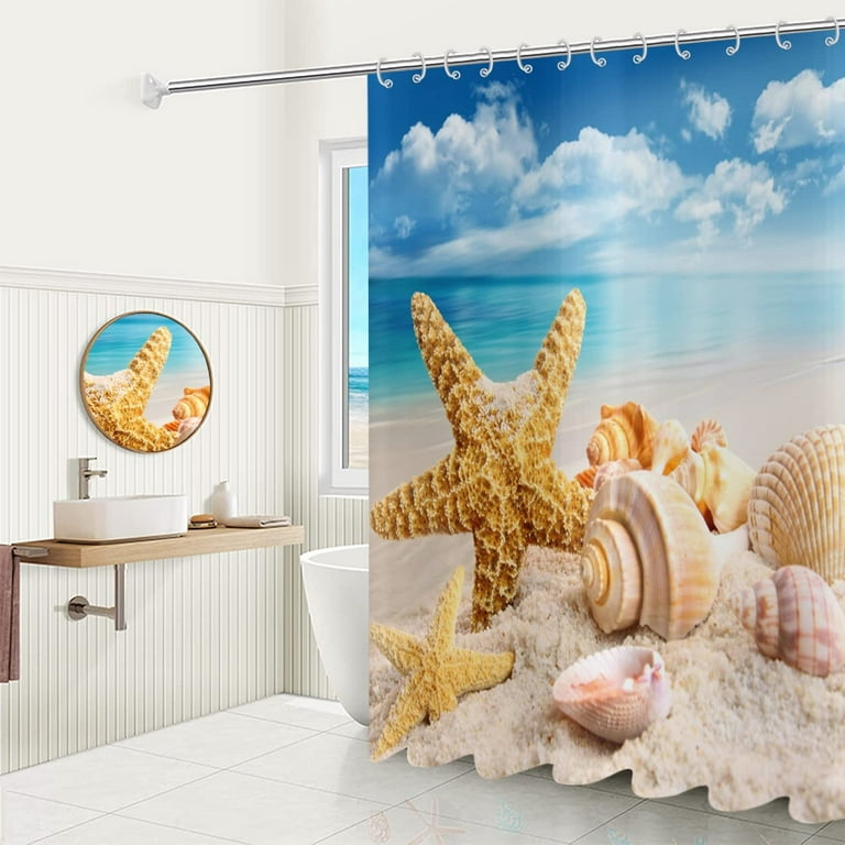 Beach Theme Shower Curtain, Conch Shell Starfish Ocean Landscape