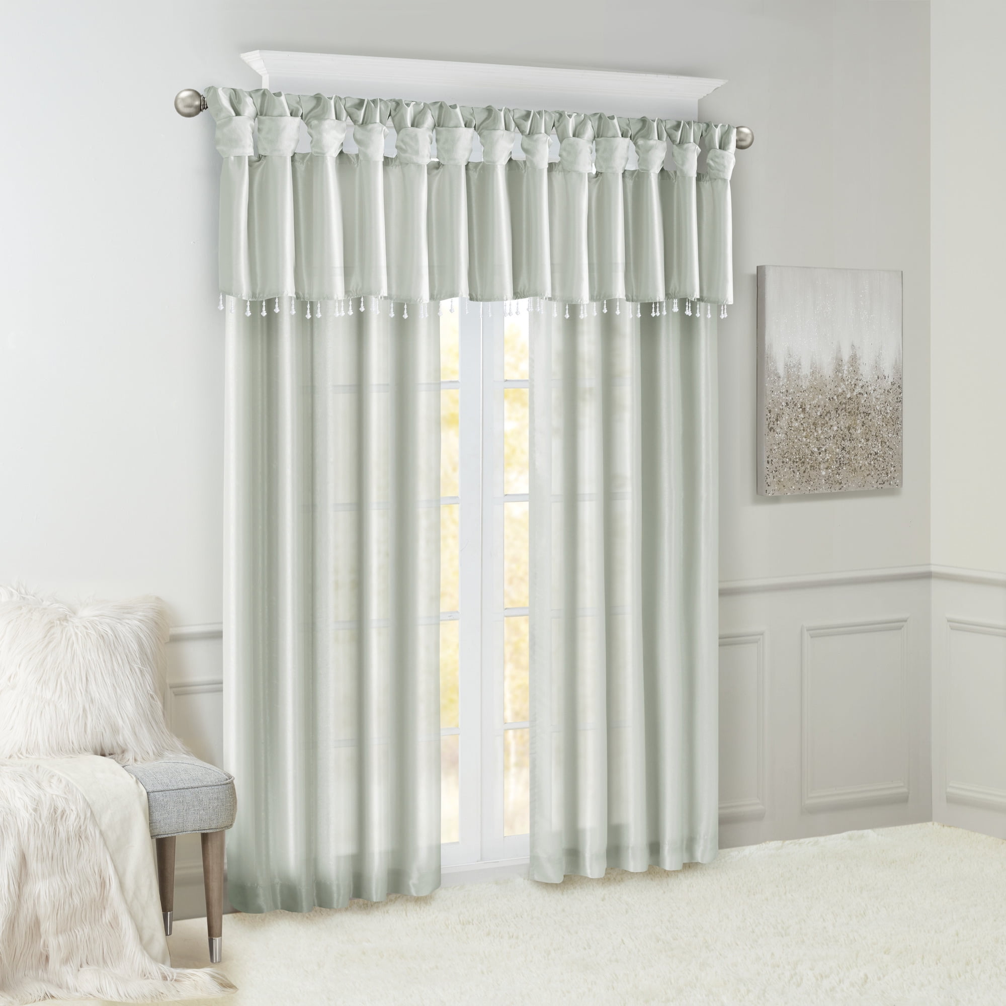 Lightweight Faux Silk Valance With Beads Dusty Aqua 50x26"