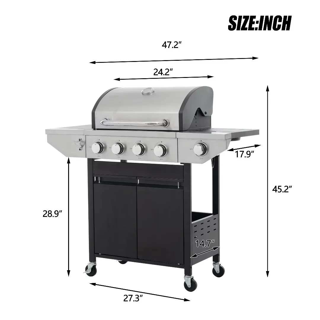 Leuco 4 Burner BBQ Propane Gas Grill, 46,500 BTU Stainless Steel Patio Garden Barbecue Grill with Stove and Side Table