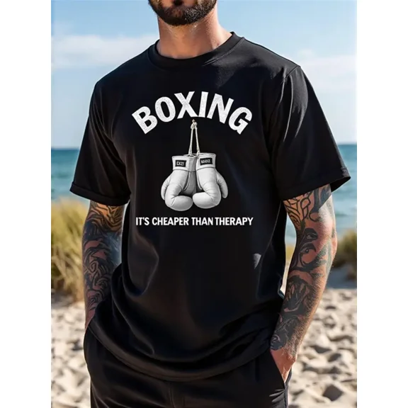 Men'S Boxing Graphic T-Shirt - "It'S Cheaper Than Relax" Print, 100% Cotton, Casual Street Style, Short Sleeve, Loose Fit, Machine Washable, Black with White Design, Boxing T