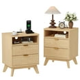 thumbnail image 1 of Fluted Nightstand Set of 1 or 2, Wood Night Stands with USB Ports and Outlets, 2 Drawers and Open Shelf Bedside Table with Solid Wood Feet, Walnut or Oak Color, 1 of 8