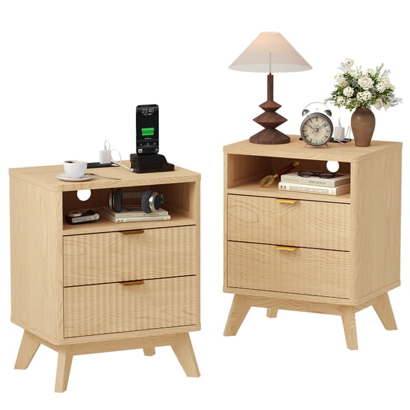 Modern Fluted Night Stand with USB Charge Station, 2 Drawer Filing Cabinets, Bedside End Tables for Living Room, Oak, 2Pcs