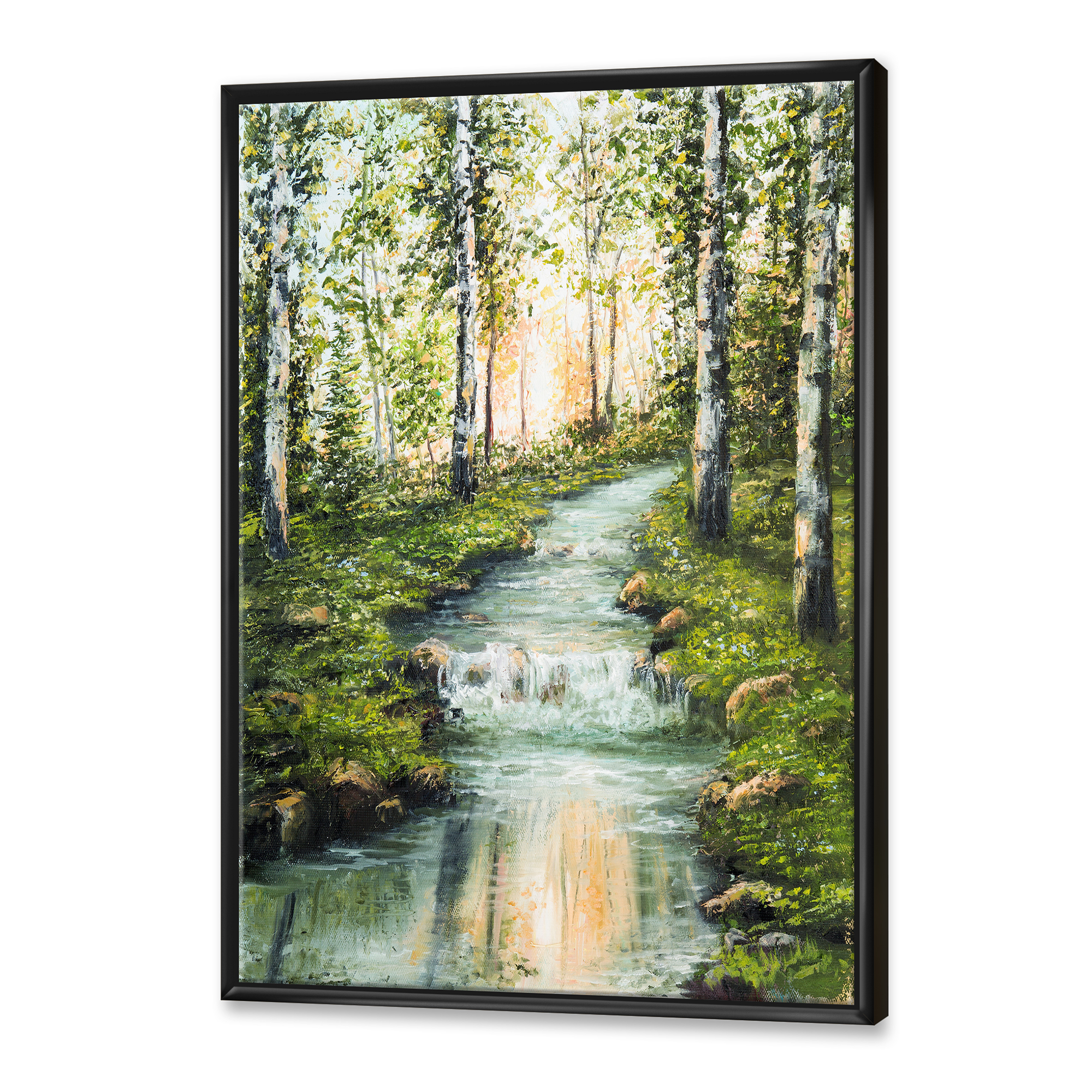 River Through Green Birch Forest 16 in x 32 in Framed Painting Canvas Art Print, by Designart