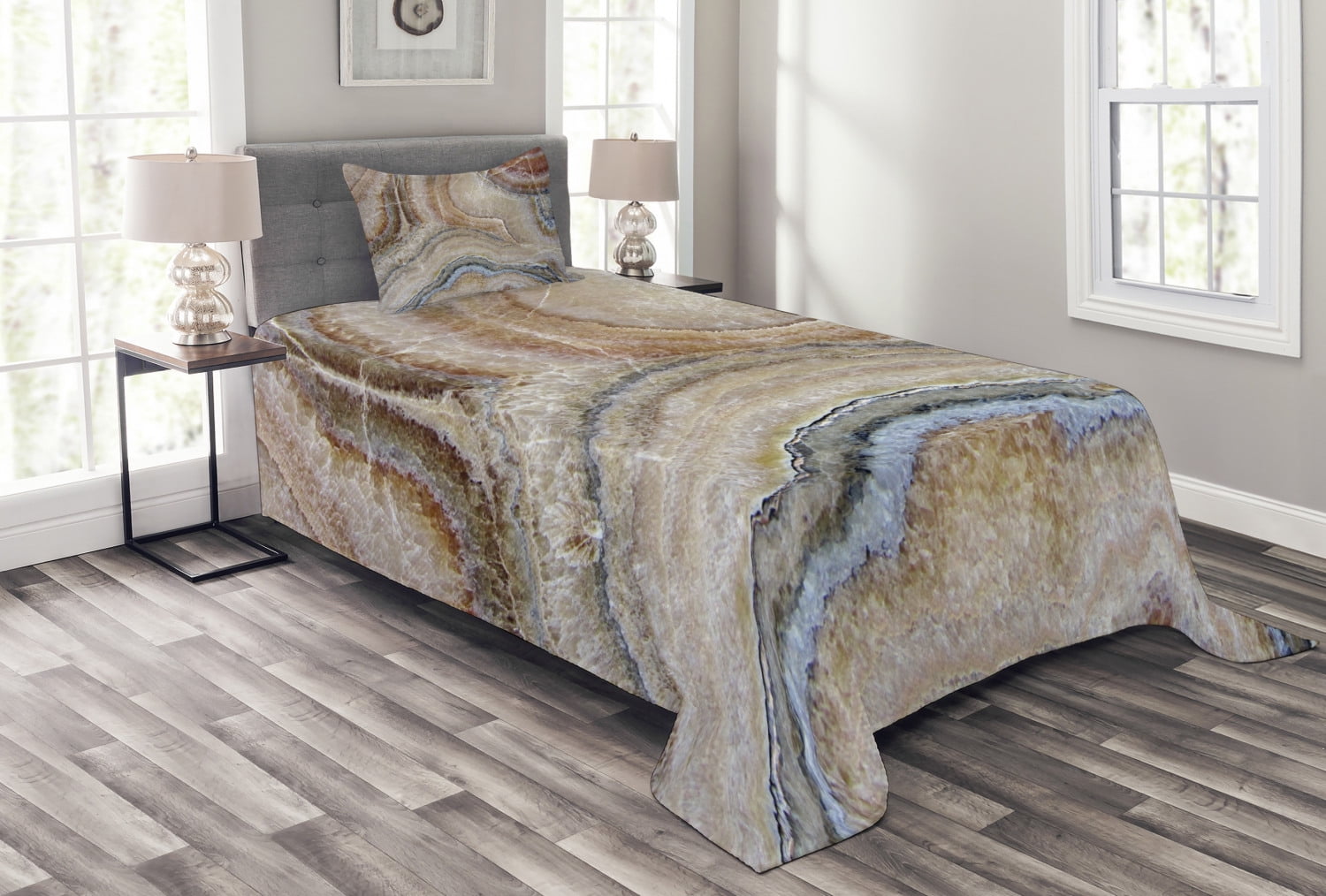 Marble Bedspread Set, Surreal Onyx Stone Surface Pattern Pale Blue