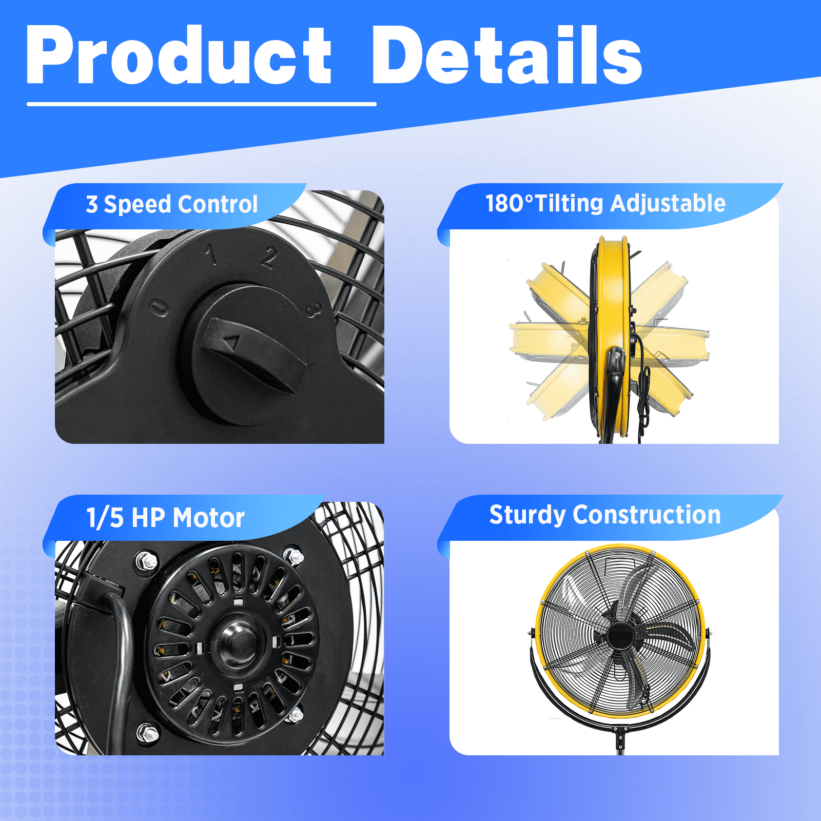 20 Inch Heavy Duty Pedestal Fan,4200CFM High Velocity Standing Fan with Adjustable Height and Tilt,3-Speed,Metal Fan for Industrial, Commercial, Residential, Greenhouse