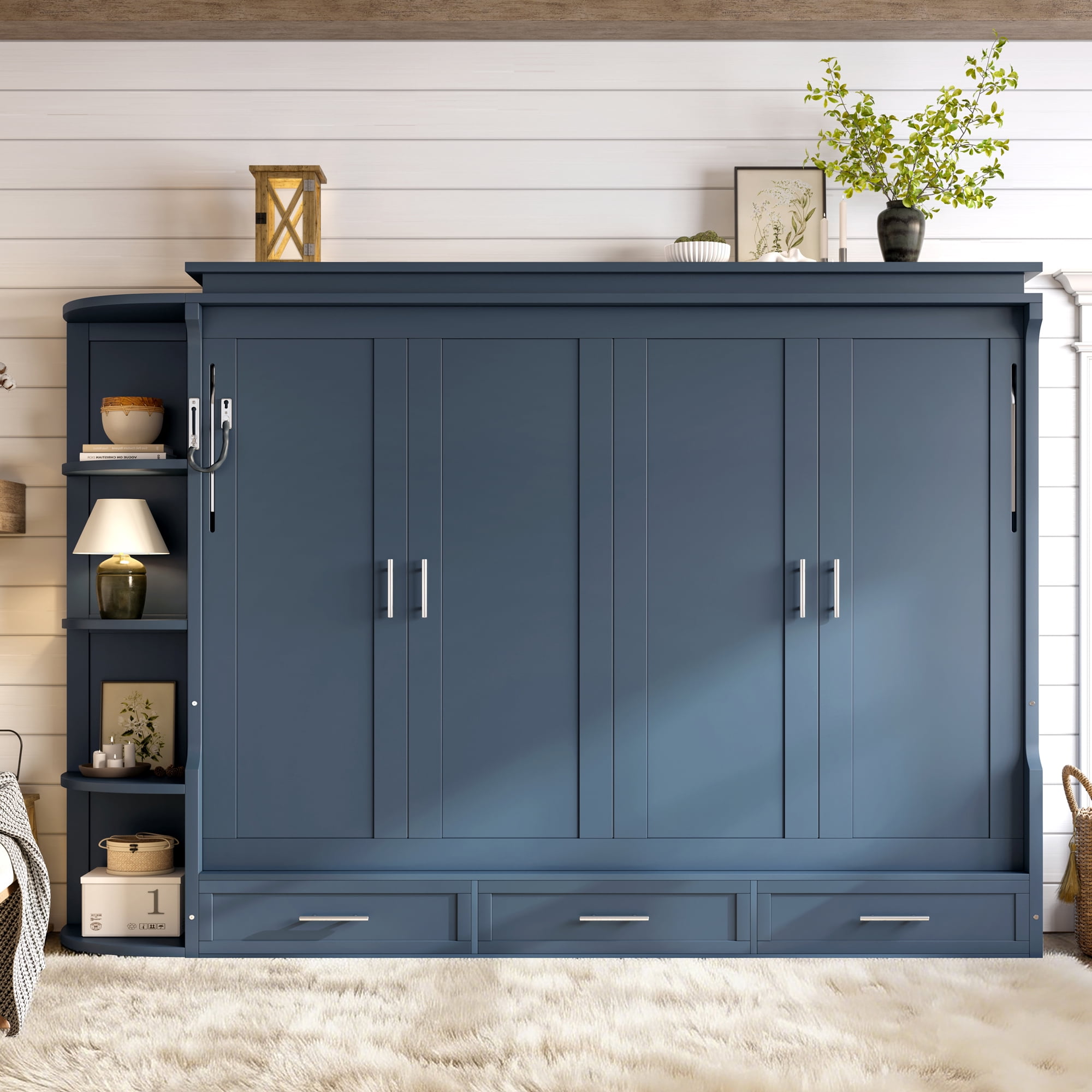 Mintazer Queen Murphy Bed with Side Cabinets & 3 Drawers, Wall Foldable Bed with Storage for Bedroom Guest Room Home Office, Blue