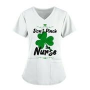 Muxika St Patrick's Day Printing Working Uniform Nursing Uniform for Womens Scrubs Tops Color Casual Working Uniform with Pocket V-Neck Work Utility&Safety Tops Nursing Worker Protective Clothing Top