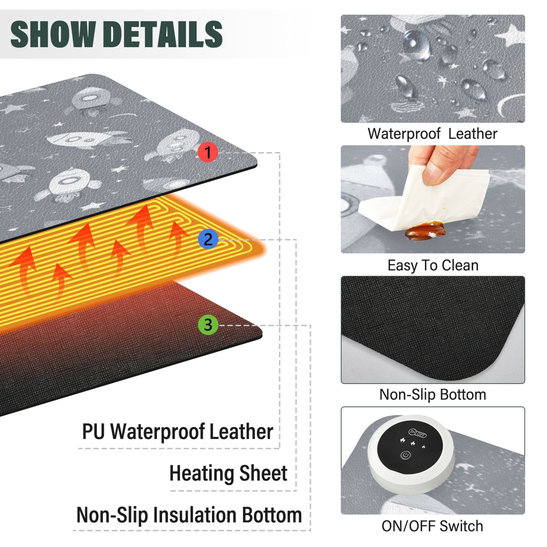 Large Heated Desk Mat Mouse Pad 31.5"x13"PU Leather Graphene Heating Desk Warmer with 3 Temperature Settings 110V US Plug Non-Slip Warm Pad for Home, Office, and Gaming Grey Space Rocket Print